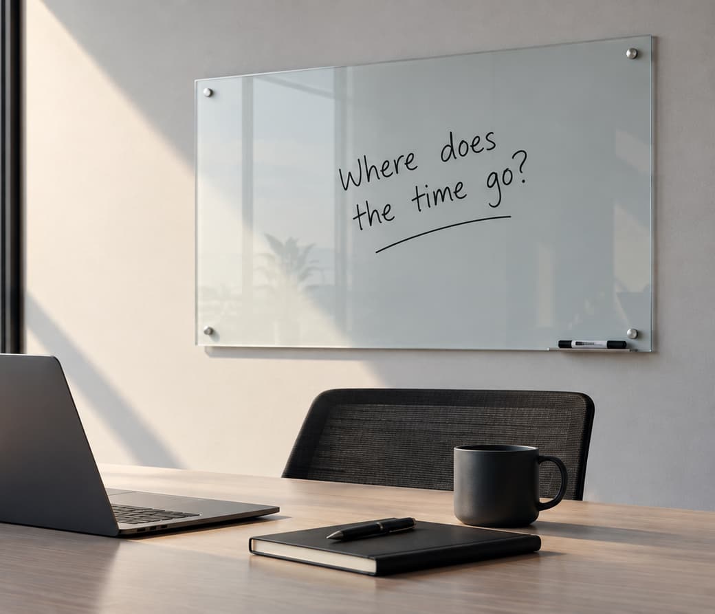 A quiet office desk with a laptop, notebook and mug, and a glass whiteboard reading 'Where does the time go?'